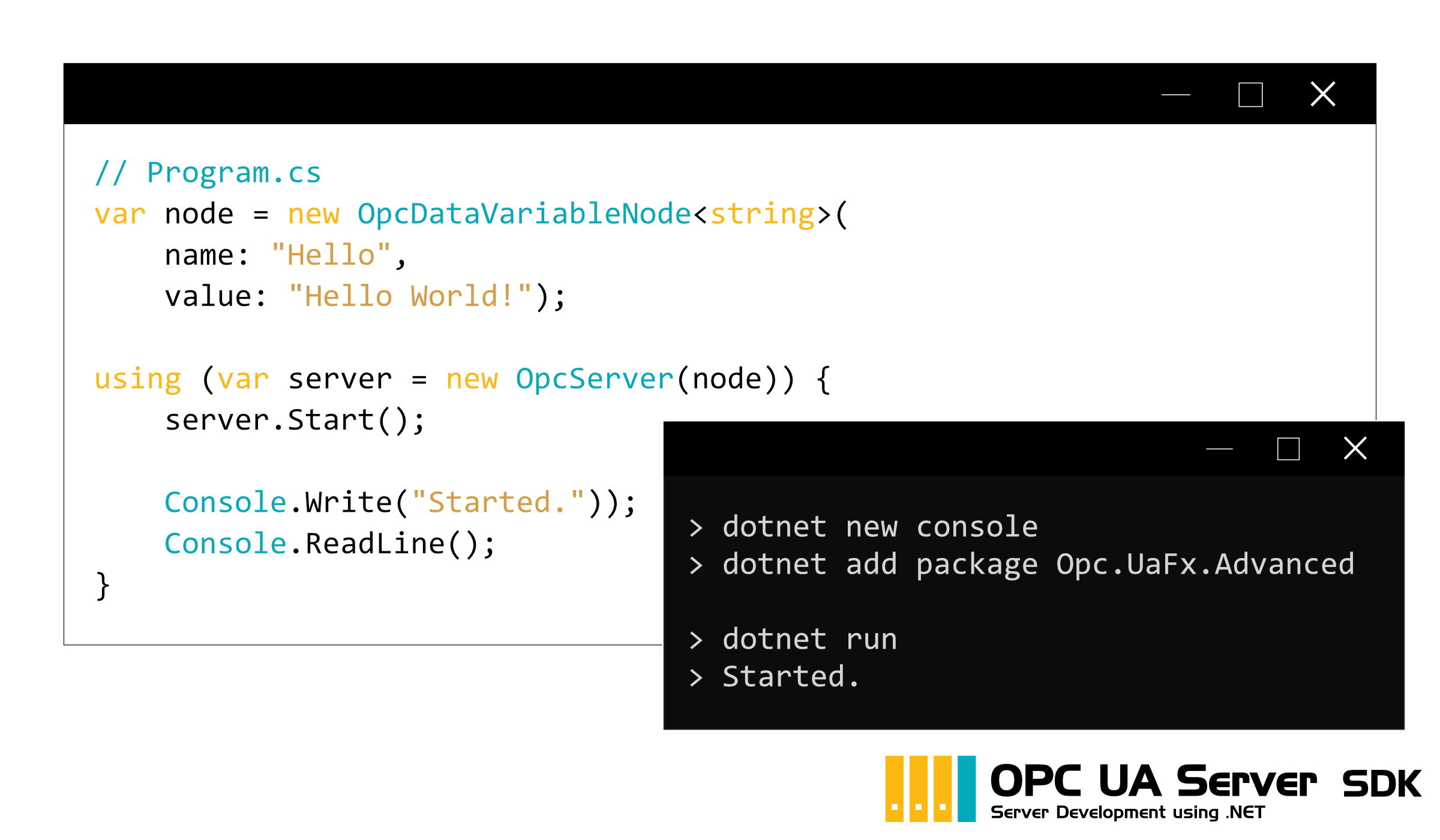 Codebeispiel für einen OPC UA Server, der einen String über einen Node bereitzustellt.